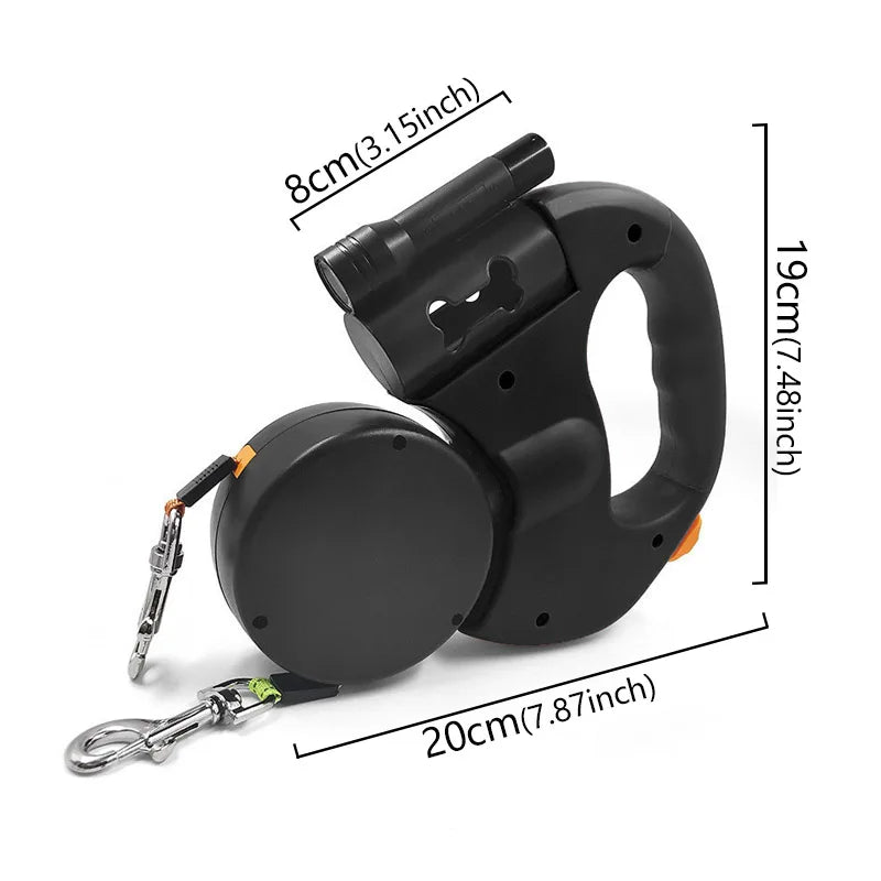 3in1 Double Head Automatic retractable Dog leash Flashlight Poop Bag Dispenser Reflective Pet Cat Extendable Puppy Traction Rope