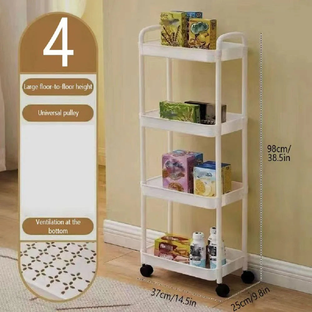 1pc 3/4-Tier Rolling Storage Cart, Plastic Multi-Functional Organizer Trolley, Slim, Space-Saving, Adjustable Shelves, with Easy