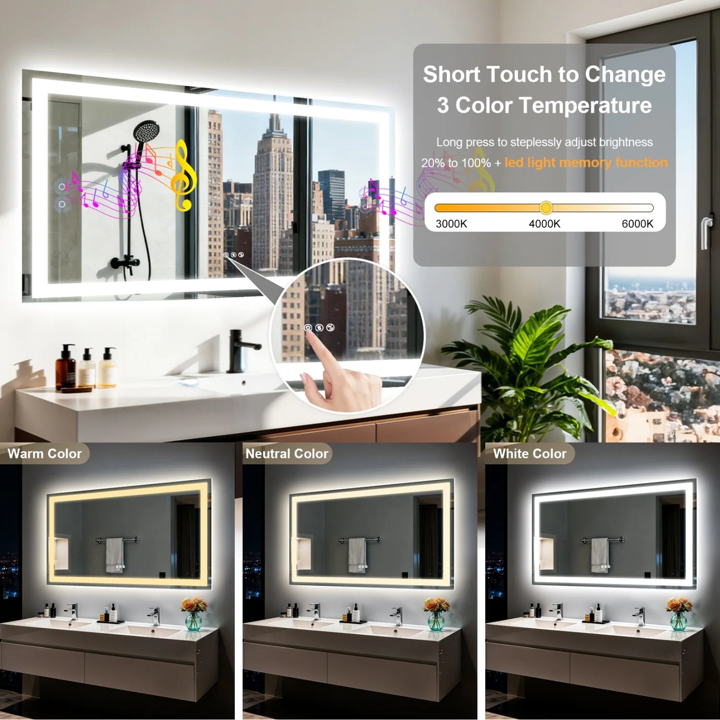 50/60/100/120CM LED Bathroom Mirror with Bluetooth Speaker 3 Colors Dimmable Tempered Glass Waterproof Backlight Vanity Mirror