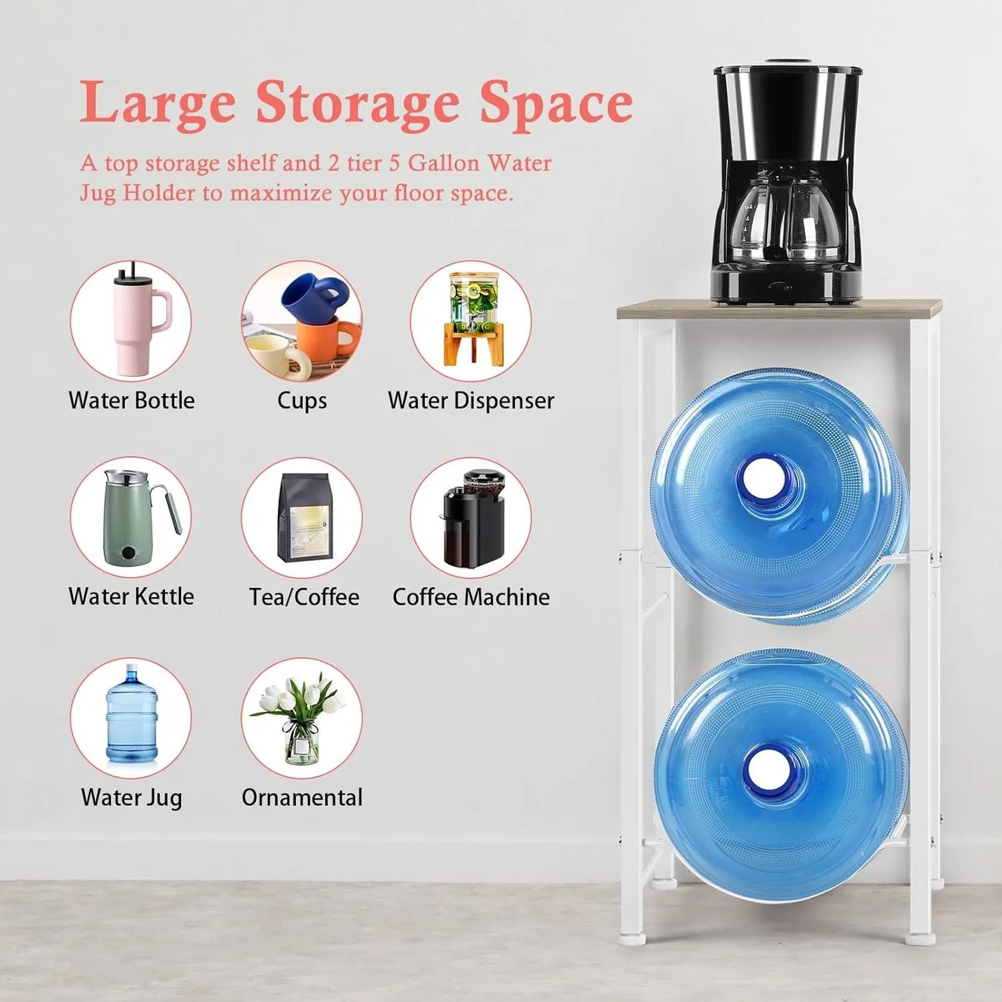 2-Tier 5-Gallon Water Bottle & Jug Rack w/ Storage Shelf | 2-Slot Organizer for Home/Office/Garage | Space-Saving Design
