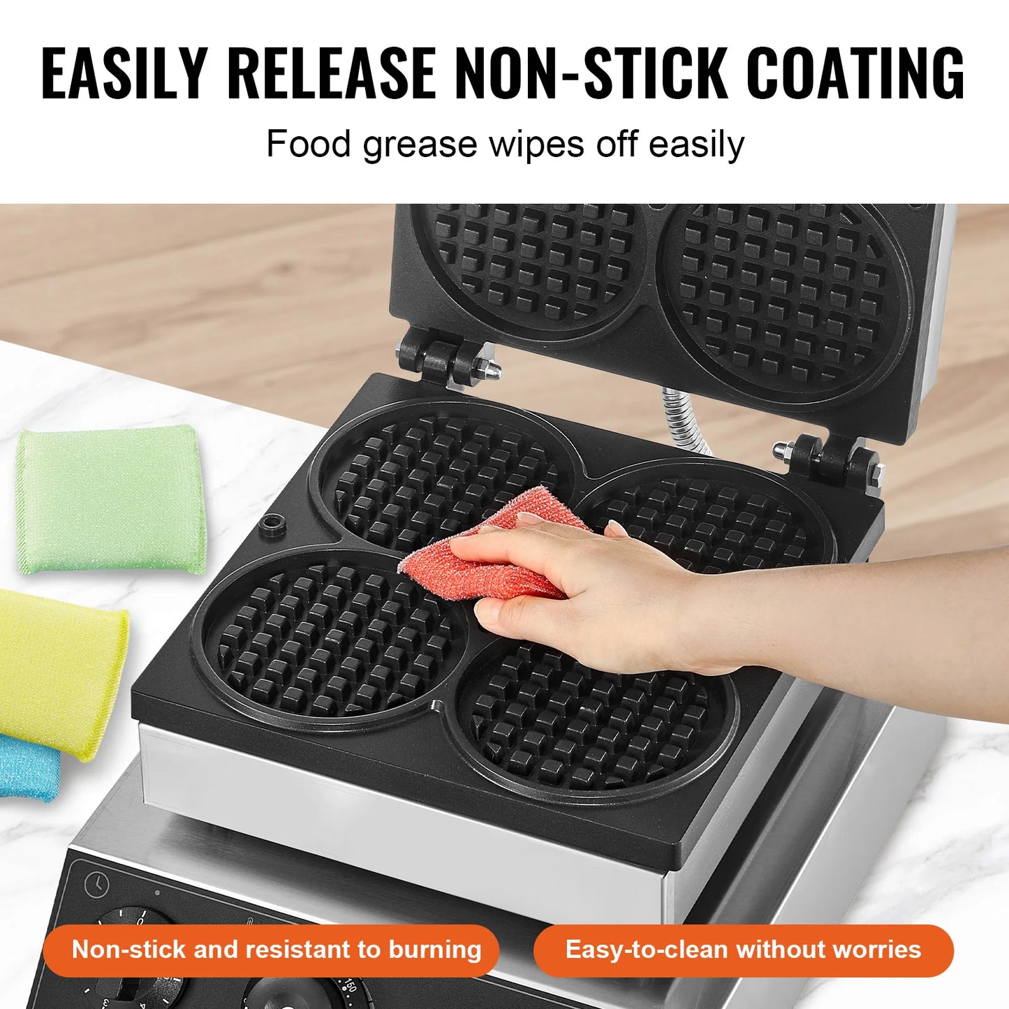 SucceBuy 4 PCS Commercial Waffle Maker Round Waffle Baker Machine 1750W Non-Stick Stainless Steel Belgian Waffle Iron with Temp