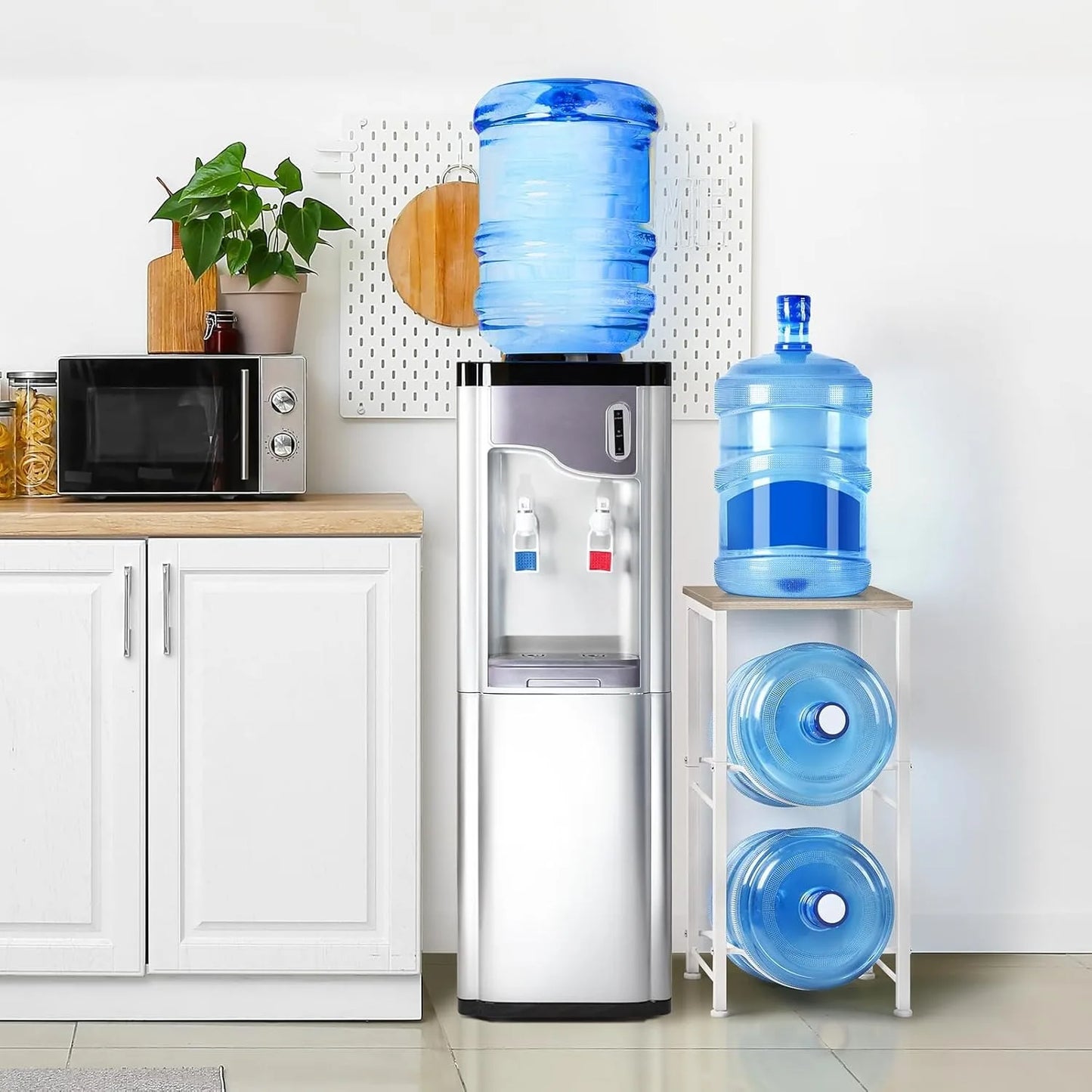 2-Tier 5-Gallon Water Bottle & Jug Rack w/ Storage Shelf | 2-Slot Organizer for Home/Office/Garage | Space-Saving Design