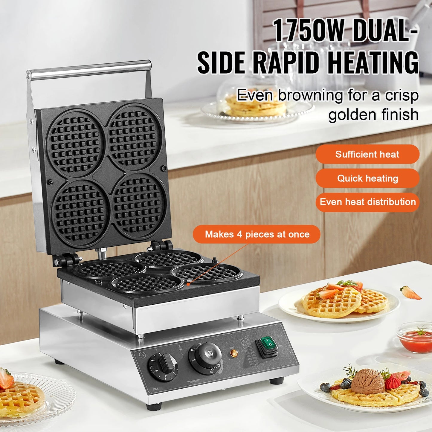 SucceBuy 4 PCS Commercial Waffle Maker Round Waffle Baker Machine 1750W Non-Stick Stainless Steel Belgian Waffle Iron with Temp
