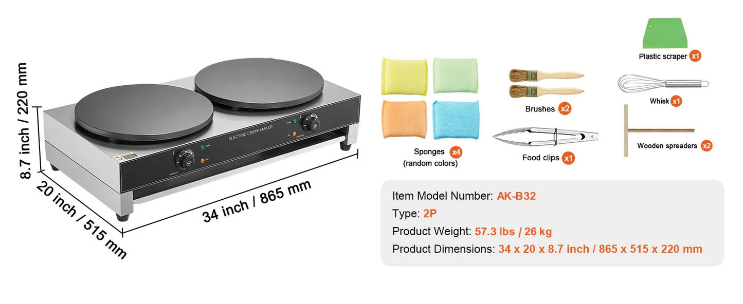 SucceBuy 16in Electric Crepe Maker Double Head Commercial Crepe Machine Flat Plate Crepe Griddle Desktop Cereals Pancake Stove