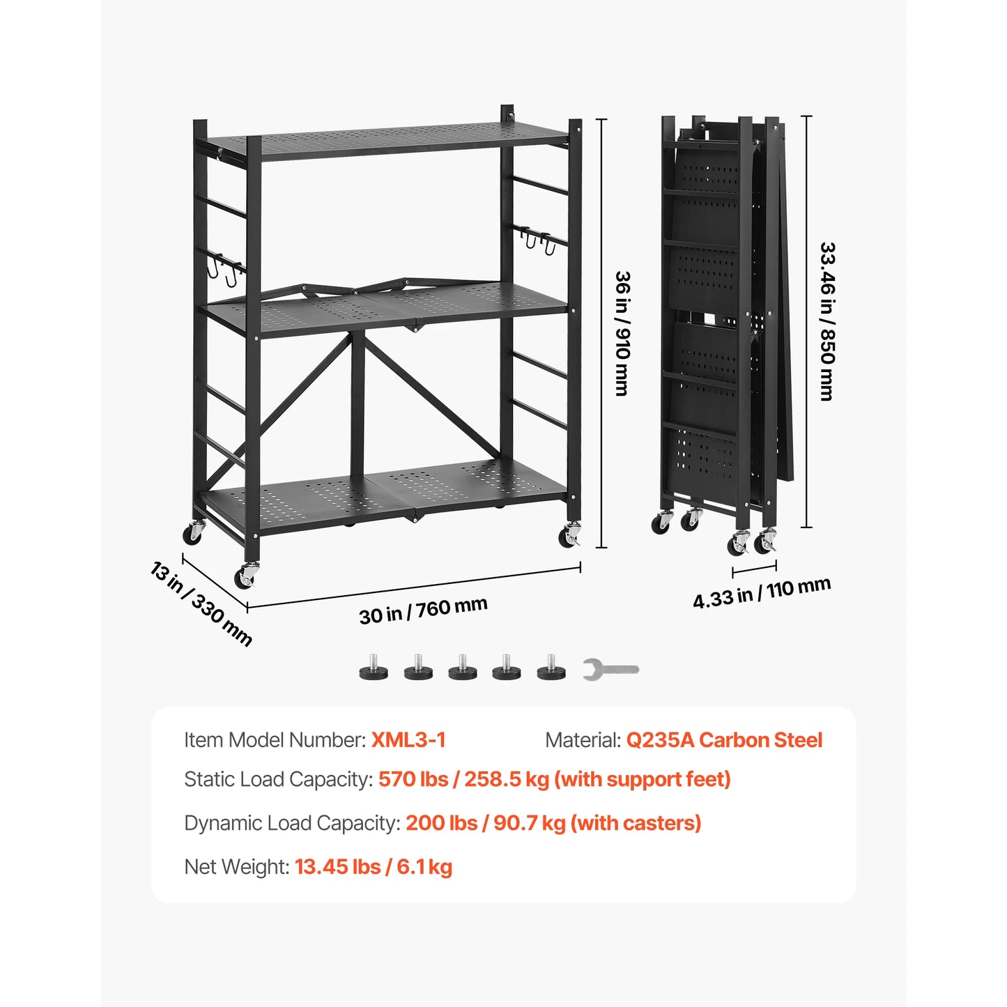 SucceBuy 6/5/4/3 Tier Black Foldable Storage Shelf with Wheels Folding Metal Rack Shelving Unit Organizer for Garage Kitchen