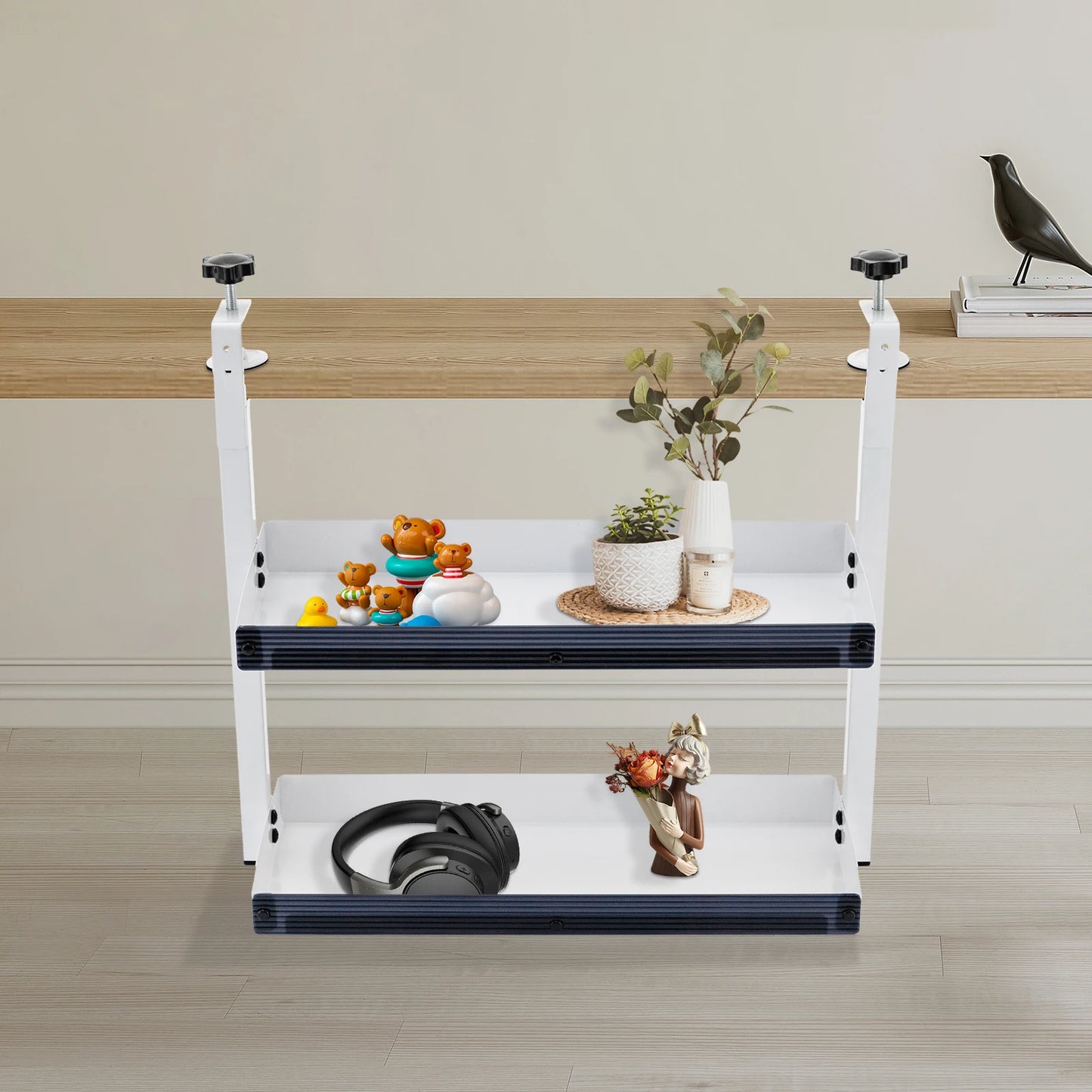 Clamp-on Desk Shelf, 2-Tier, Above or Under Table Corner Shelves Metal Organizer, White