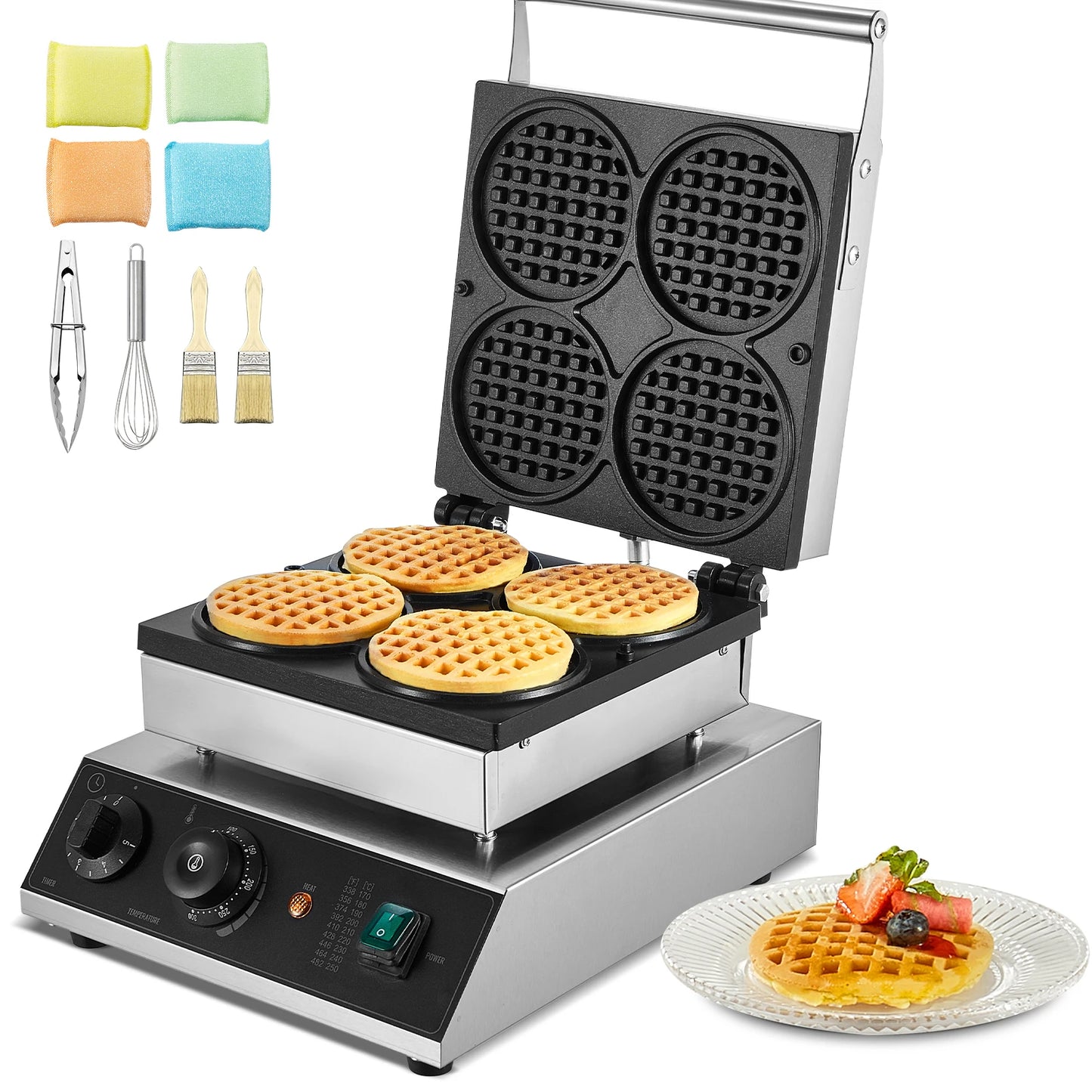 SucceBuy 4 PCS Commercial Waffle Maker Round Waffle Baker Machine 1750W Non-Stick Stainless Steel Belgian Waffle Iron with Temp