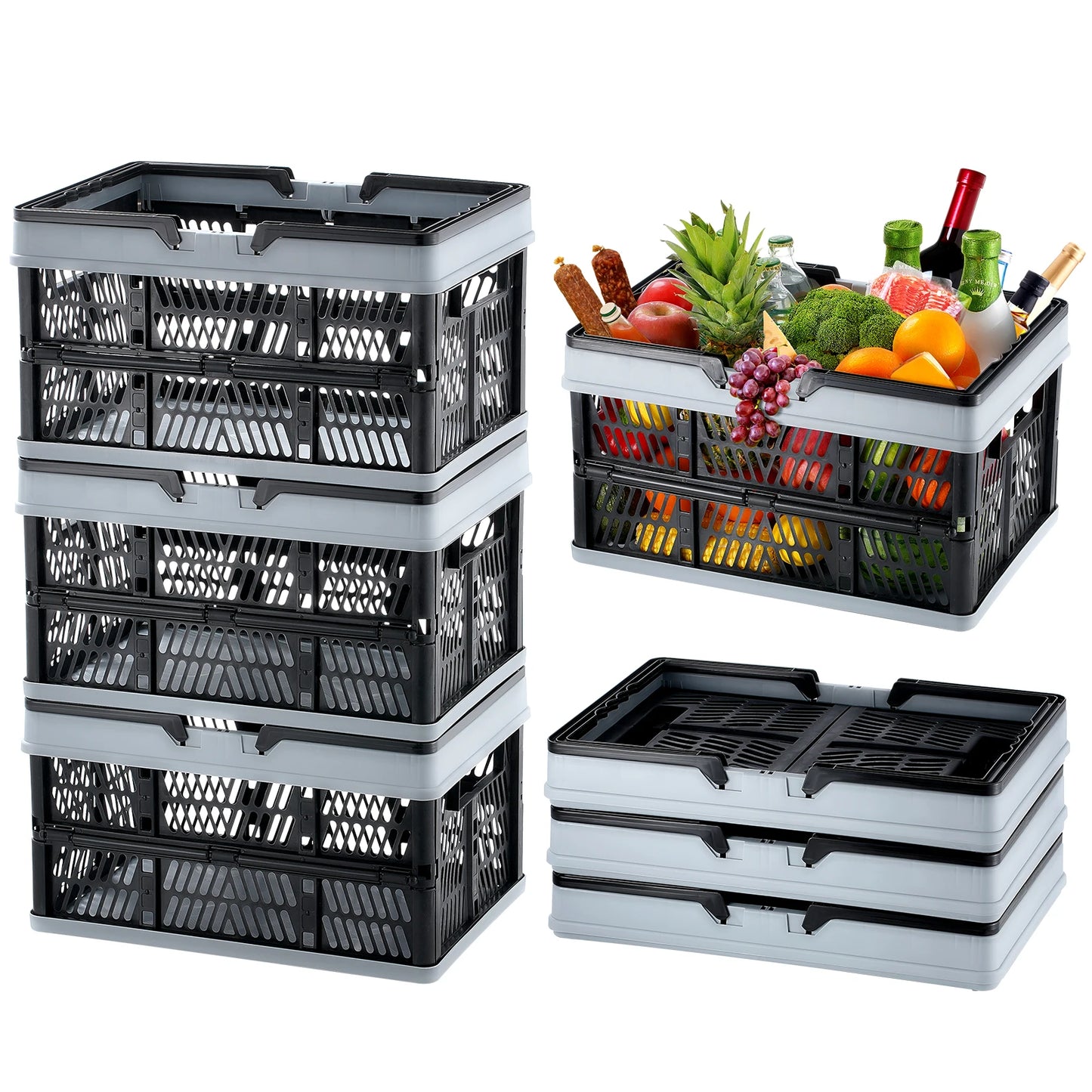SucceBuy 3pcs Foldable Storage Basket Collapsible Shopping Crate with Handle for Kitchen Grocery Room Desktop Organization