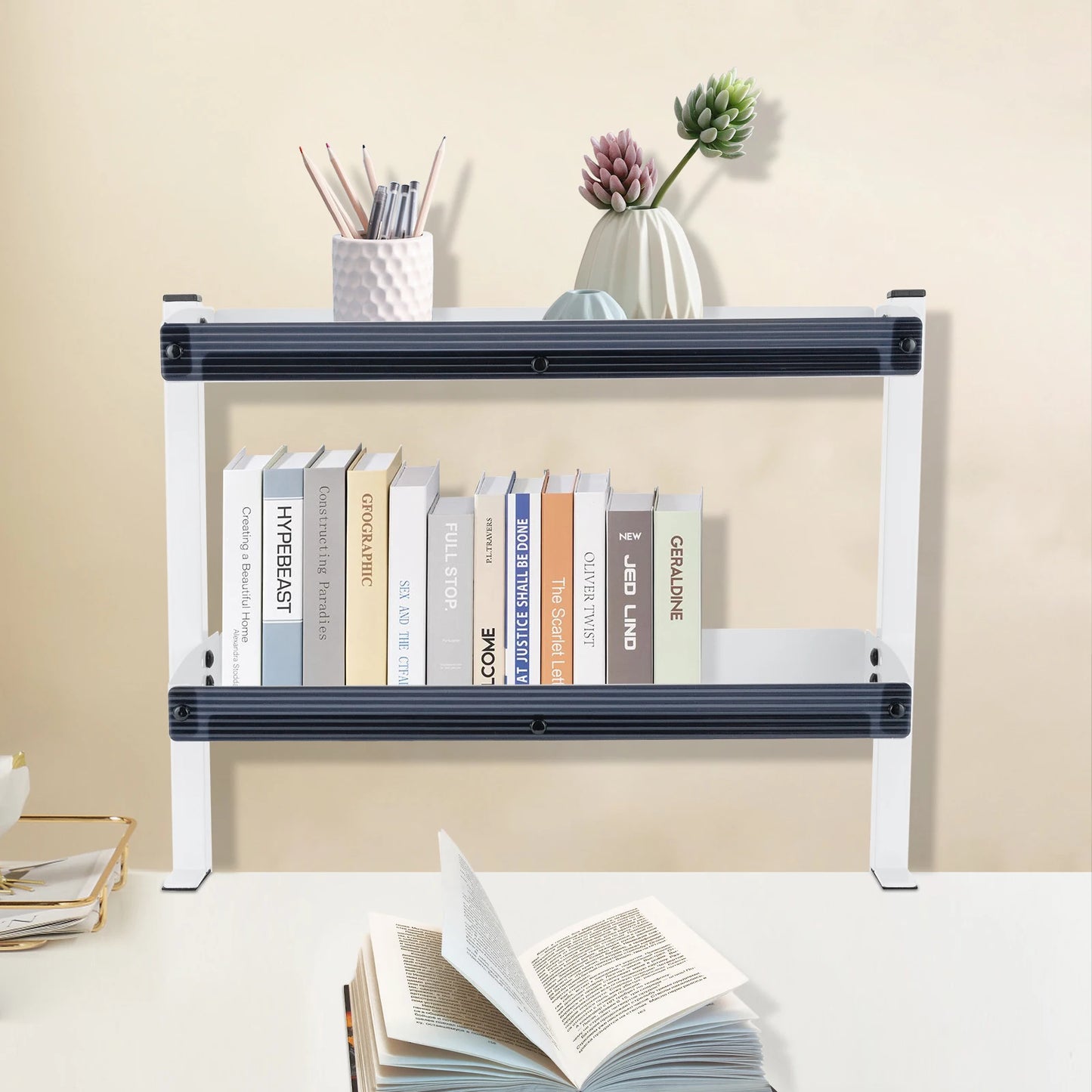Clamp-on Desk Shelf, 2-Tier, Above or Under Table Corner Shelves Metal Organizer, White